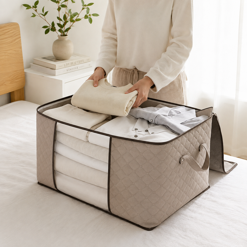 caixa organizadora dobravel para roupas

organizador de edredom e cobertor com visor

caixa organizadora de tecido cinza grande

saco organizador multiuso com ziper para guarda-roupa

Visor Transparente Frontal: Visualize o conteúdo interno sem precisar abrir a caixa.

Alças Reforçadas e Zíper Duplo: Facilidade para transportar e manusear em prateleiras ou sob a cama.

Design Dobrável: Quando não estiver em uso, basta dobrar para guardar sem ocupar espaço.

Material Respirável: Protege seus itens contra poe