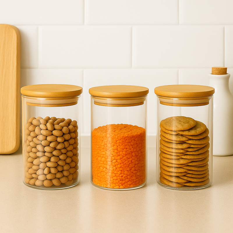 Conjunto 3 potes vidro com tampa de bambu 1100mL.