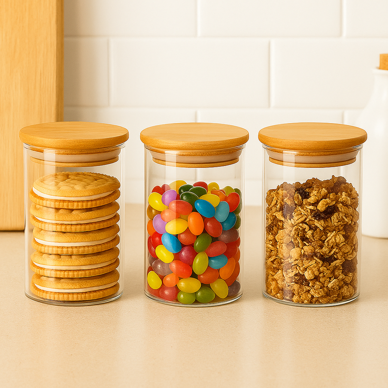 Conjunto 3 potes vidro com tampa bambu 500mL