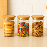 Conjunto 3 potes vidro com tampa bambu 500mL