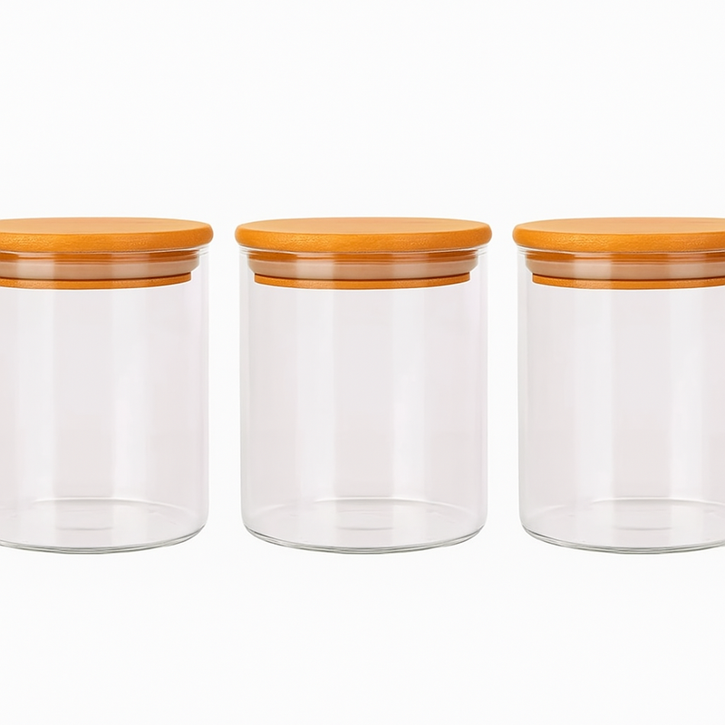 Conjunto 3 potes vidro com tampa bambu 500mL