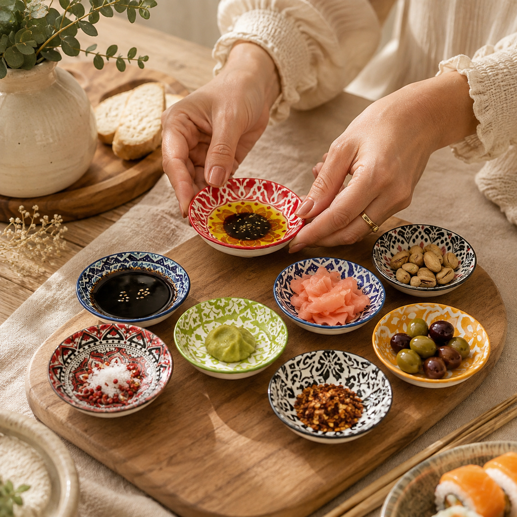 prato para molho, pratinho para shoyu, pratos de cerâmica pequenos, pratos para petiscos, conjunto de pratos para molhos, molheira de cerâmica, pratinhos coloridos, pratos para mesa posta, pratos para sushi e pratinhos para aperitivos