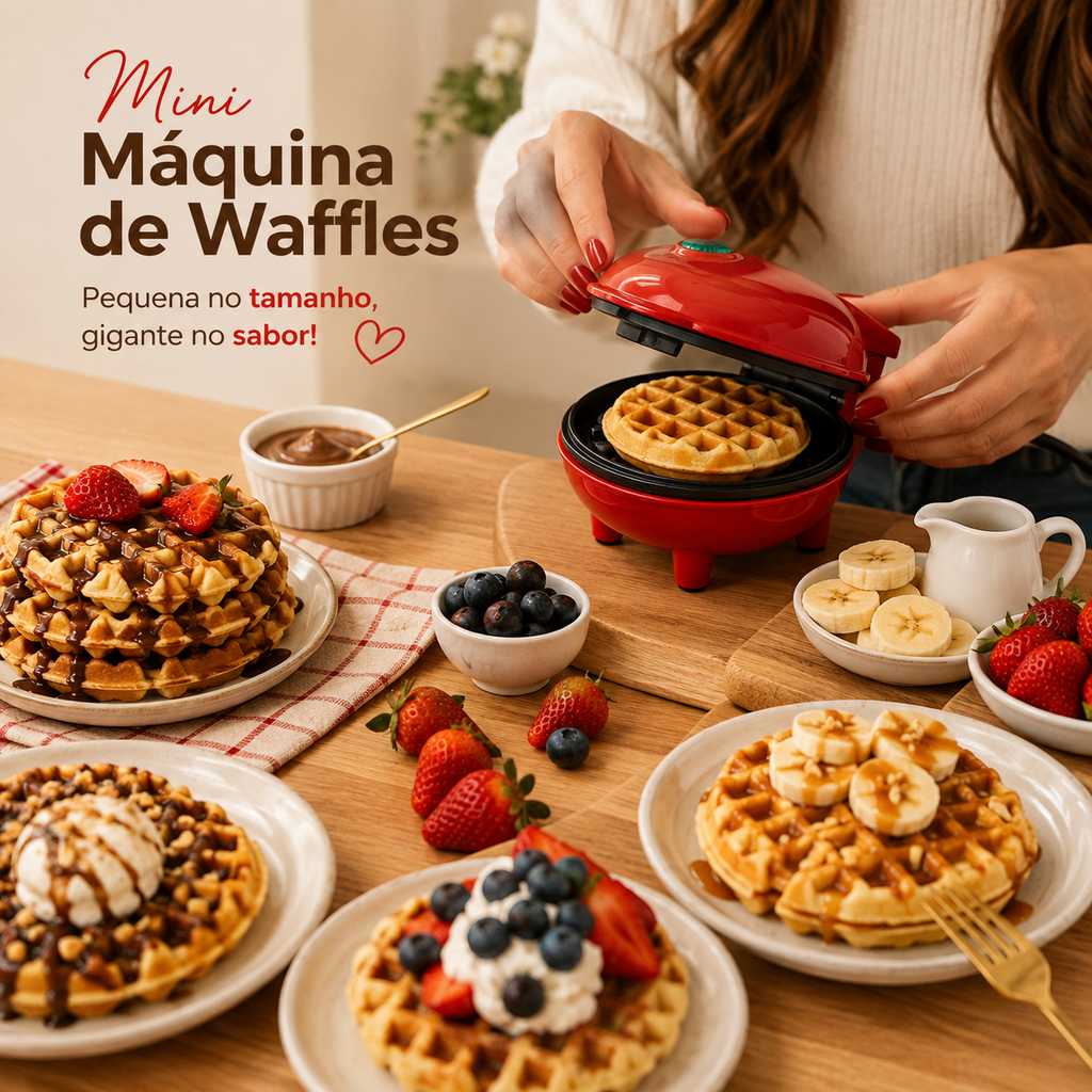 A Mini Máquina de Waffles é perfeita para quem quer preparar waffles quentinhos e dourados de forma simples e prática. Com tamanho compacto e superfície antiaderente, ela ocupa pouco espaço na cozinha e é ideal para preparar cafés da manhã, lanches e sobremesas.

Prepare waffles doces ou salgados e combine com frutas, mel, chocolate, banana, geleias e seus acompanhamentos favoritos. Uma mini waffleira elétrica prática para transformar receitas simples em momentos deliciosos.