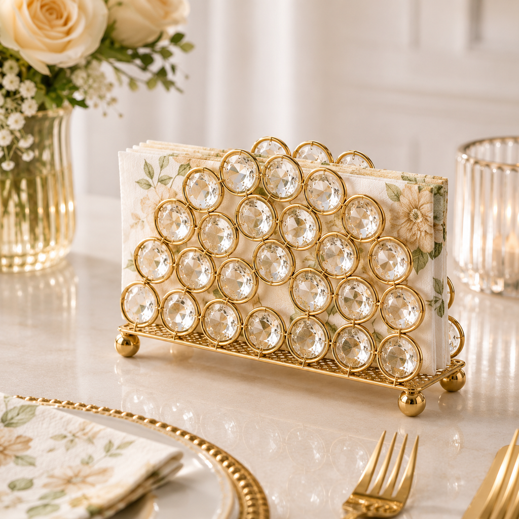 porta-guardanapos, porta-guardanapos dourado, porta-guardanapos prata, porta-guardanapos com cristais, porta-guardanapos elegante, acessório para mesa posta, decoração de mesa, porta guardanapo de metal, mesa posta sofisticada.