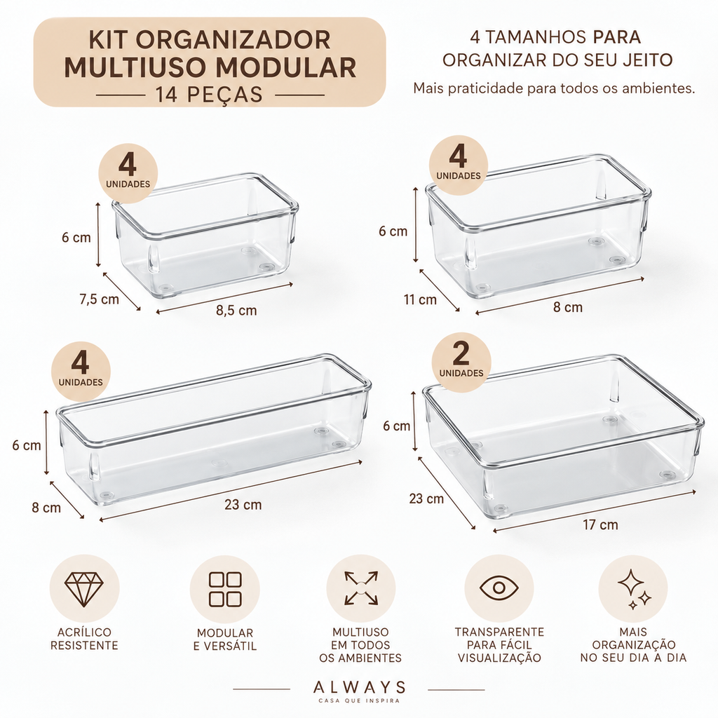 Kit Organizador com 14 Módulos Cristal para Gavetas