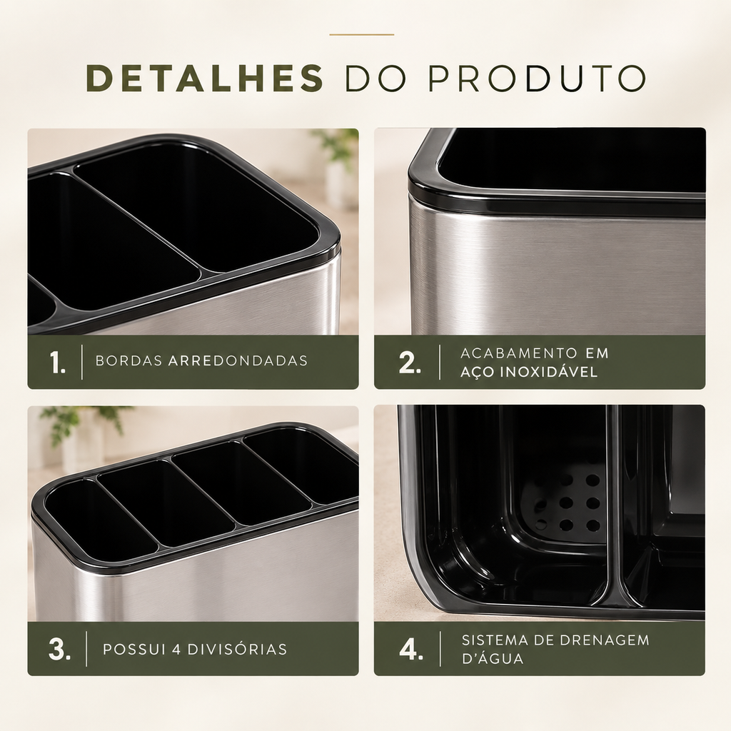 Escorredor Organizador de Talheres em Inox 4 Divisórias