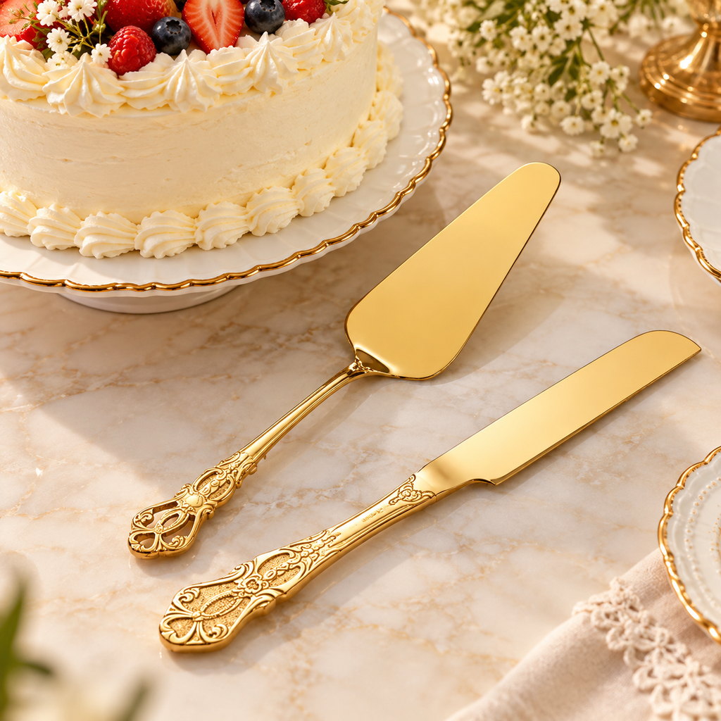 Conjunto Imperial com faca e espátula para bolo em aço inox, design vintage e acabamento dourado ou prateado. Elegância para festas e mesa posta.