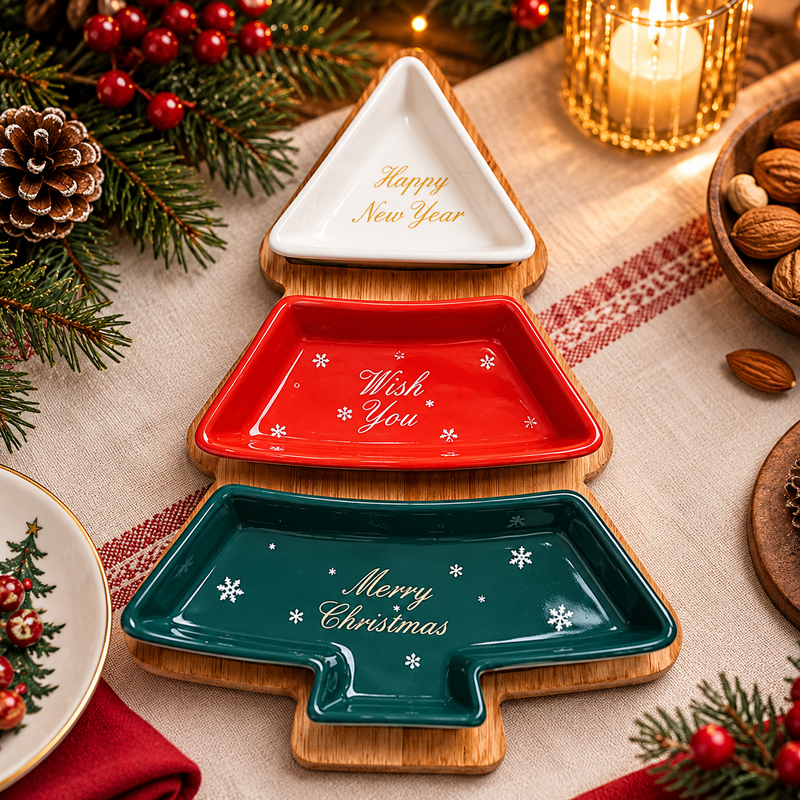 Encante sua mesa de Natal com a Petisqueira Árvore Encantada. Três travessas de cerâmica em verde, vermelho e branco para servir petiscos e doces.